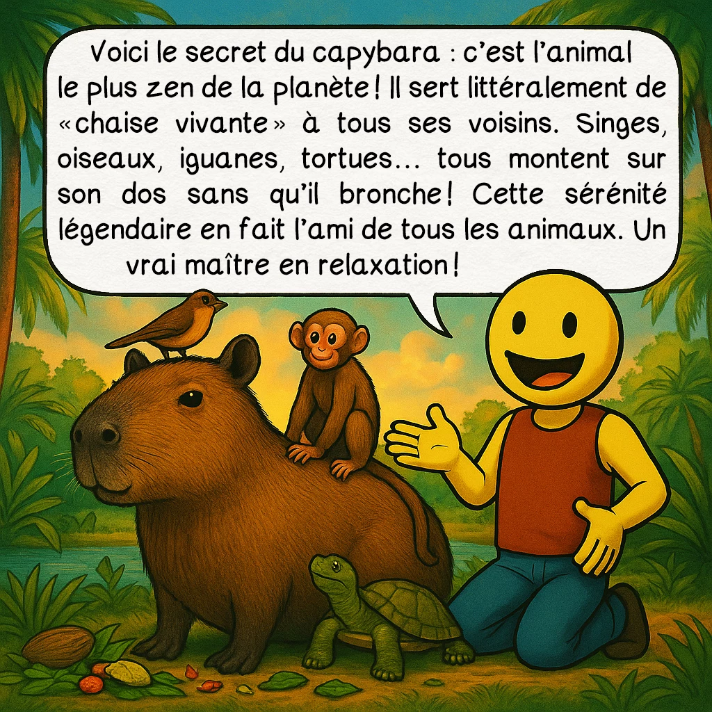 Le capybara, case 6 : Voici le secret du capybara : c’est l’animal le plus zen de la planète ! Il sert littéralement de « chaise vivante » à tous ses voisins. Singes, oiseaux, iguanes, tortues… tous montent sur son dos sans qu’il bronche ! Cette sérénité légendaire en fait l’ami de tous les animaux. Un vrai maître en relaxation !