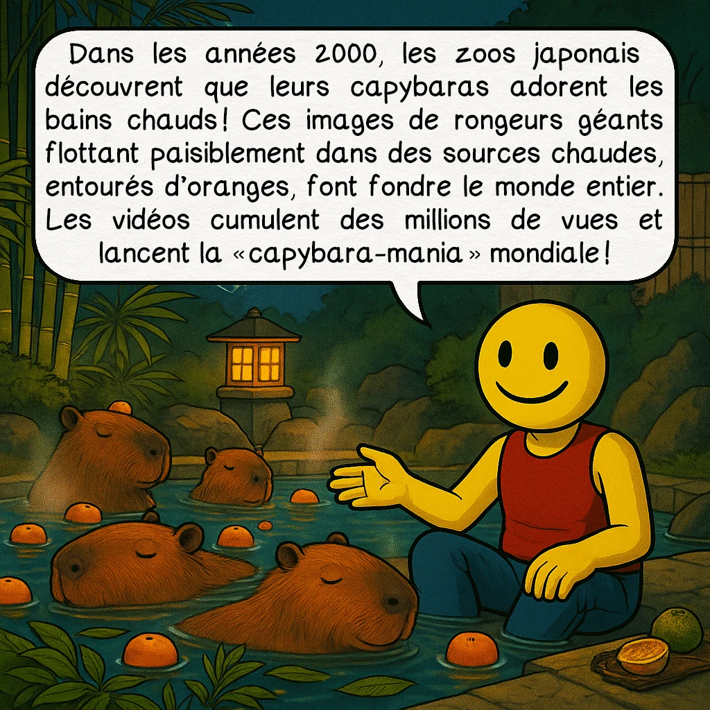 Le capybara, case 7 : Dans les années 2000, les zoos japonais découvrent que leurs capybaras adorent les bains chauds ! Ces images de rongeurs géants flottant paisiblement dans des sources chaudes, entourés d’oranges, font fondre le monde entier. Les vidéos cumulent des millions de vues et lancent la « capybara-mania » mondiale !