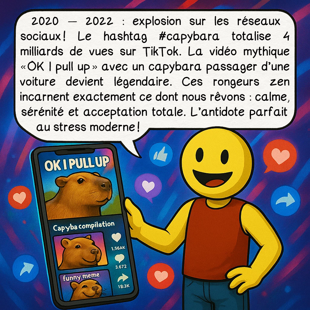 Le capybara, case 8 : 2020 — 2022 : explosion sur les réseaux sociaux ! Le hashtag #capybara totalise 4 milliards de vues sur TikTok. La vidéo mythique « OK I pull up » avec un capybara passager d’une voiture devient légendaire. Ces rongeurs zen incarnent exactement ce dont nous rêvons : calme, sérénité et acceptation totale. L’antidote parfait au stress moderne !