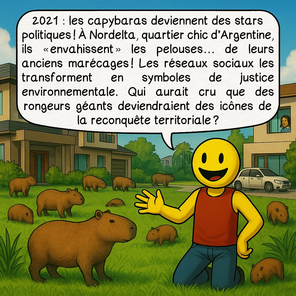 Le capybara, case 9 : 2021 : les capybaras deviennent des stars politiques ! À Nordelta, quartier chic d’Argentine, ils « envahissent » les pelouses… de leurs anciens marécages ! Les réseaux sociaux les transforment en symboles de justice environnementale. Qui aurait cru que des rongeurs géants deviendraient des icônes de la reconquête territoriale ?