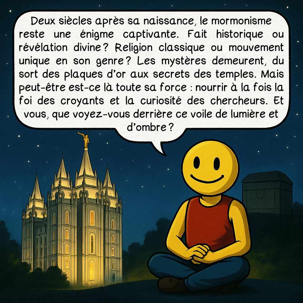 Les mormons, case 10 : Deux siècles après sa naissance, le mormonisme reste une énigme captivante. Fait historique ou révélation divine ? Religion classique ou mouvement unique en son genre ? Les mystères demeurent, du sort des plaques d’or aux secrets des temples. Mais peut-être est-ce là toute sa force : nourrir à la fois la foi des croyants et la curiosité des chercheurs. Et vous, que voyez-vous derrière ce voile de lumière et d’ombre ?