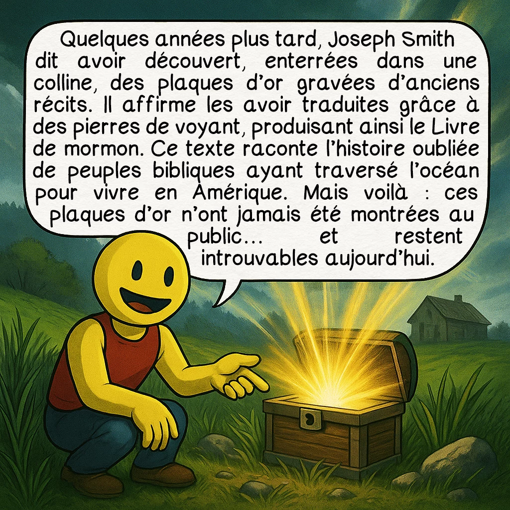 Les mormons, case 2 : Quelques années plus tard, Joseph Smith dit avoir découvert, enterrées dans une colline, des plaques d’or gravées d’anciens récits. Il affirme les avoir traduites grâce à des pierres de voyant, produisant ainsi le Livre de mormon. Ce texte raconte l’histoire oubliée de peuples bibliques ayant traversé l’océan pour vivre en Amérique. Mais voilà : ces plaques d’or n’ont jamais été montrées au public… et restent introuvables aujourd’hui.