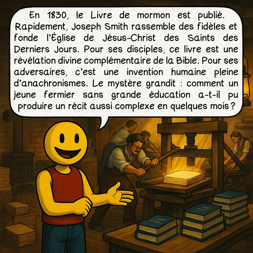Les mormons, case 3 : En 1830, le Livre de mormon est publié. Rapidement, Joseph Smith rassemble des fidèles et fonde l’Église de Jésus-Christ des Saints des Derniers Jours. Pour ses disciples, ce livre est une révélation divine complémentaire de la Bible. Pour ses adversaires, c’est une invention humaine pleine d’anachronismes. Le mystère grandit : comment un jeune fermier sans grande éducation a-t-il pu produire un récit aussi complexe en quelques mois ?