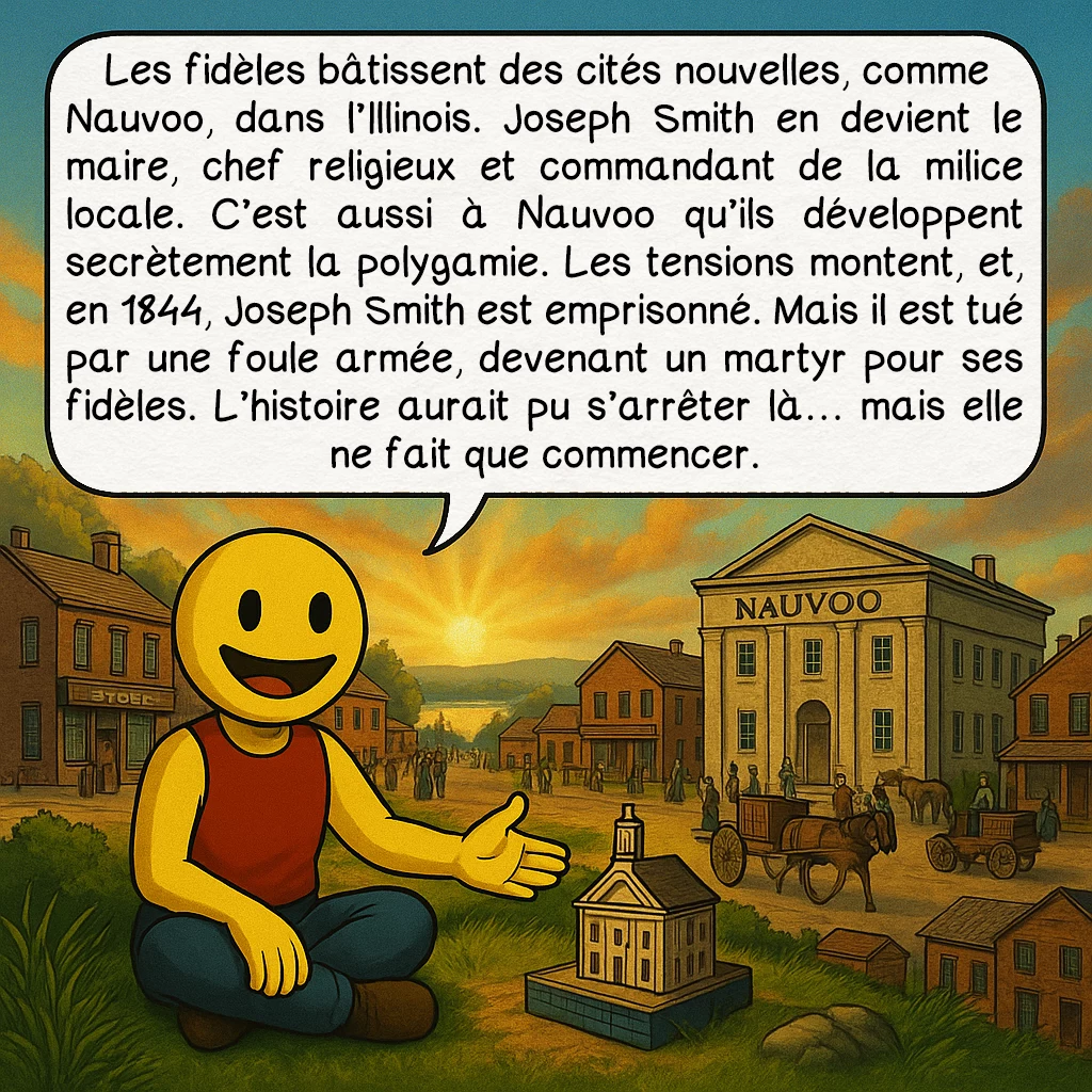 Les mormons, case 4 : Les fidèles bâtissent des cités nouvelles, comme Nauvoo, dans l’Illinois. Joseph Smith en devient le maire, chef religieux et commandant de la milice locale. C’est aussi à Nauvoo qu’ils développent secrètement la polygamie. Les tensions montent, et, en 1844, Joseph Smith est emprisonné. Mais il est tué par une foule armée, devenant un martyr pour ses fidèles. L’histoire aurait pu s’arrêter là… mais elle ne fait que commencer.
