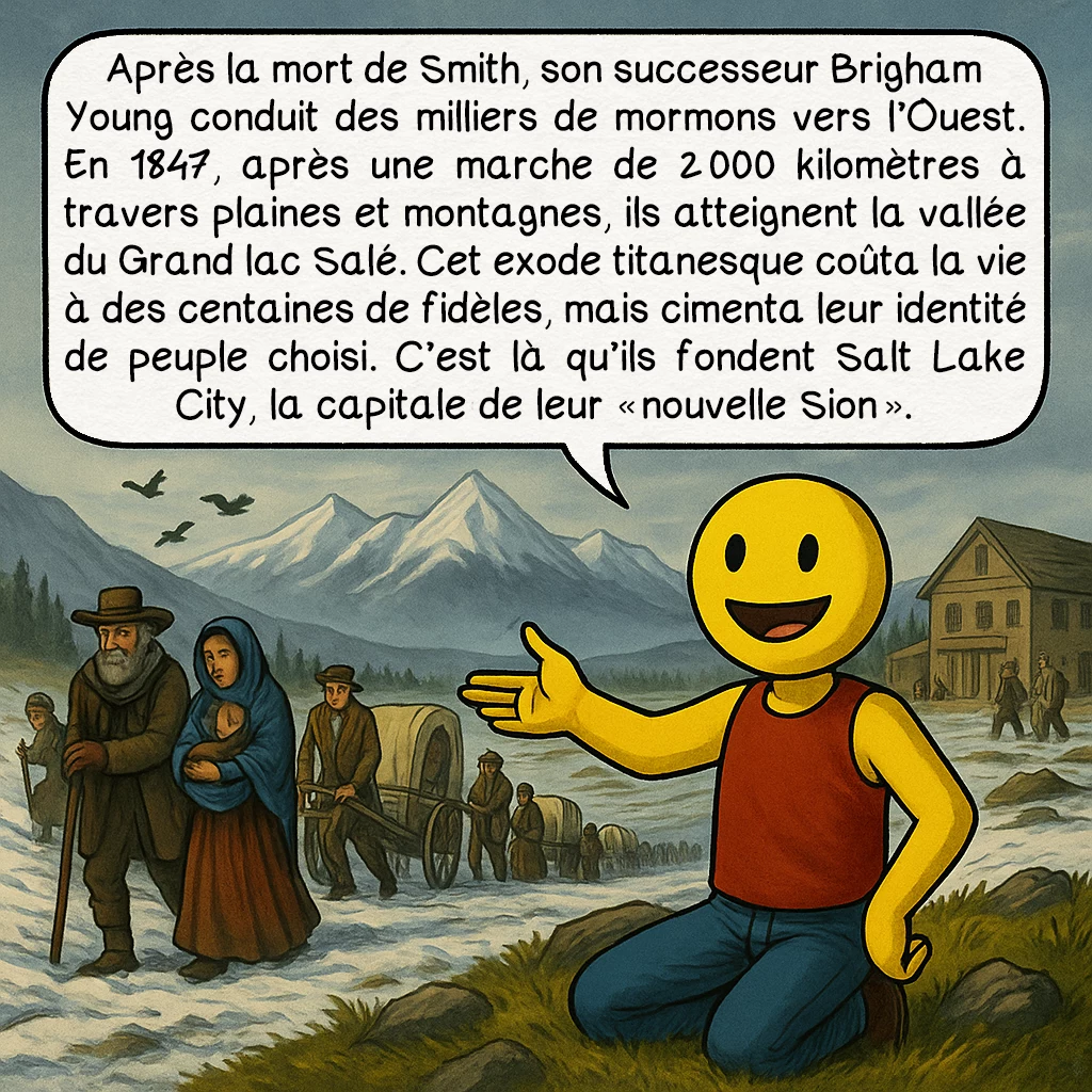 Les mormons, case 5 : Après la mort de Smith, son successeur Brigham Young conduit des milliers de mormons vers l’Ouest. En 1847, après une marche de 2 000 kilomètres à travers plaines et montagnes, ils atteignent la vallée du Grand lac Salé. Cet exode titanesque coûta la vie à des centaines de fidèles, mais cimenta leur identité de peuple choisi. C’est là qu’ils fondent Salt Lake City, la capitale de leur « nouvelle Sion ».