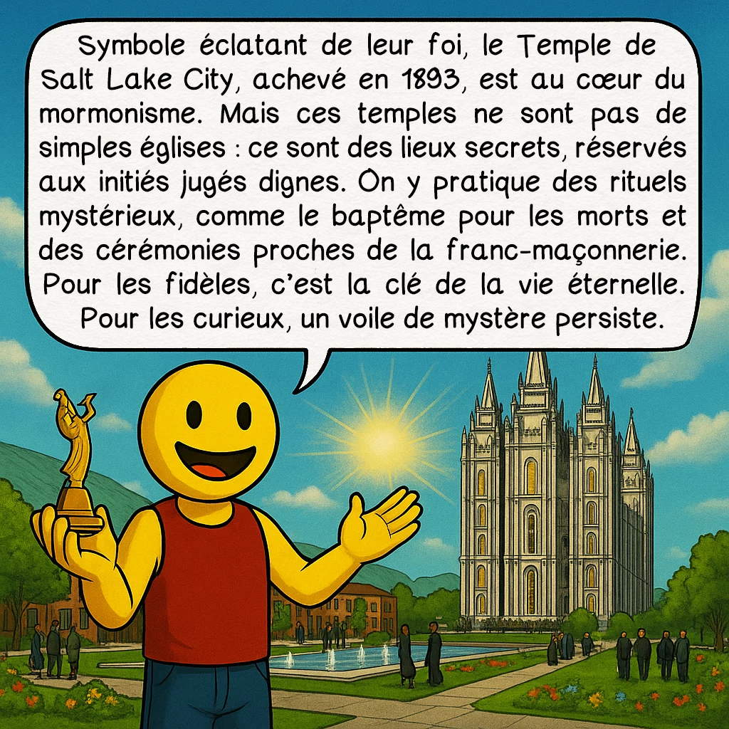 Les mormons, case 6 : Symbole éclatant de leur foi, le Temple de Salt Lake City, achevé en 1893, est au cœur du mormonisme. Mais ces temples ne sont pas de simples églises : ce sont des lieux secrets, réservés aux initiés jugés dignes. On y pratique des rituels mystérieux, comme le baptême pour les morts et des cérémonies proches de la franc-maçonnerie. Pour les fidèles, c’est la clé de la vie éternelle. Pour les curieux, un voile de mystère persiste.