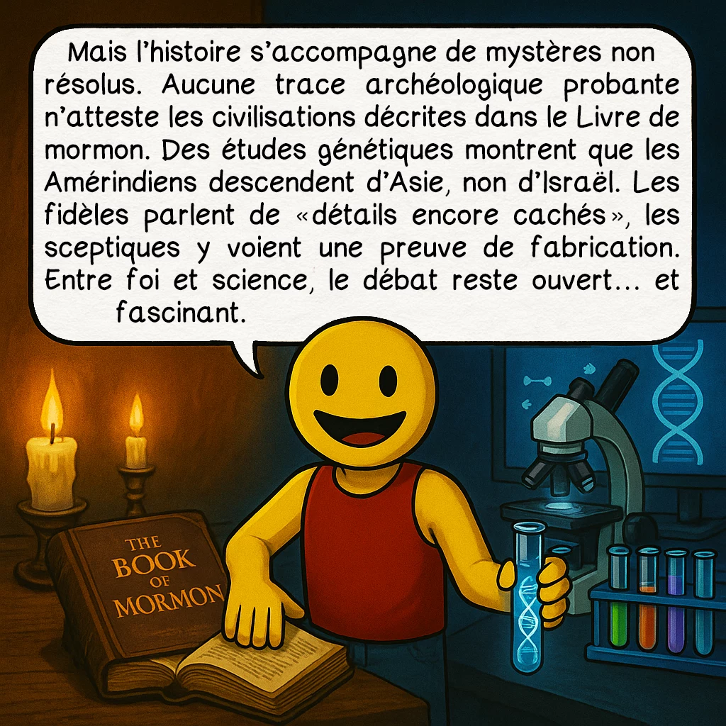 Les mormons, case 7 : Mais l’histoire s’accompagne de mystères non résolus. Aucune trace archéologique probante n’atteste les civilisations décrites dans le Livre de mormon. Des études génétiques montrent que les Amérindiens descendent d’Asie, non d’Israël. Les fidèles parlent de « détails encore cachés », les sceptiques y voient une preuve de fabrication. Entre foi et science, le débat reste ouvert… et fascinant.