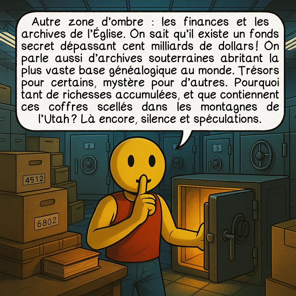 Les mormons, case 8 : Autre zone d’ombre : les finances et les archives de l’Église. On sait qu’il existe un fonds secret dépassant cent milliards de dollars ! On parle aussi d’archives souterraines abritant la plus vaste base généalogique au monde. Trésors pour certains, mystère pour d’autres. Pourquoi tant de richesses accumulées, et que contiennent ces coffres scellés dans les montagnes de l’Utah ? Là encore, silence et spéculations.
