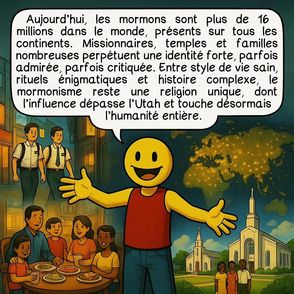 Les mormons, case 9 : Aujourd’hui, les mormons sont plus de 16 millions dans le monde, présents sur tous les continents. Missionnaires, temples et familles nombreuses perpétuent une identité forte, parfois admirée, parfois critiquée. Entre style de vie sain, rituels énigmatiques et histoire complexe, le mormonisme reste une religion unique, dont l’influence dépasse l’Utah et touche désormais l’humanité entière.
