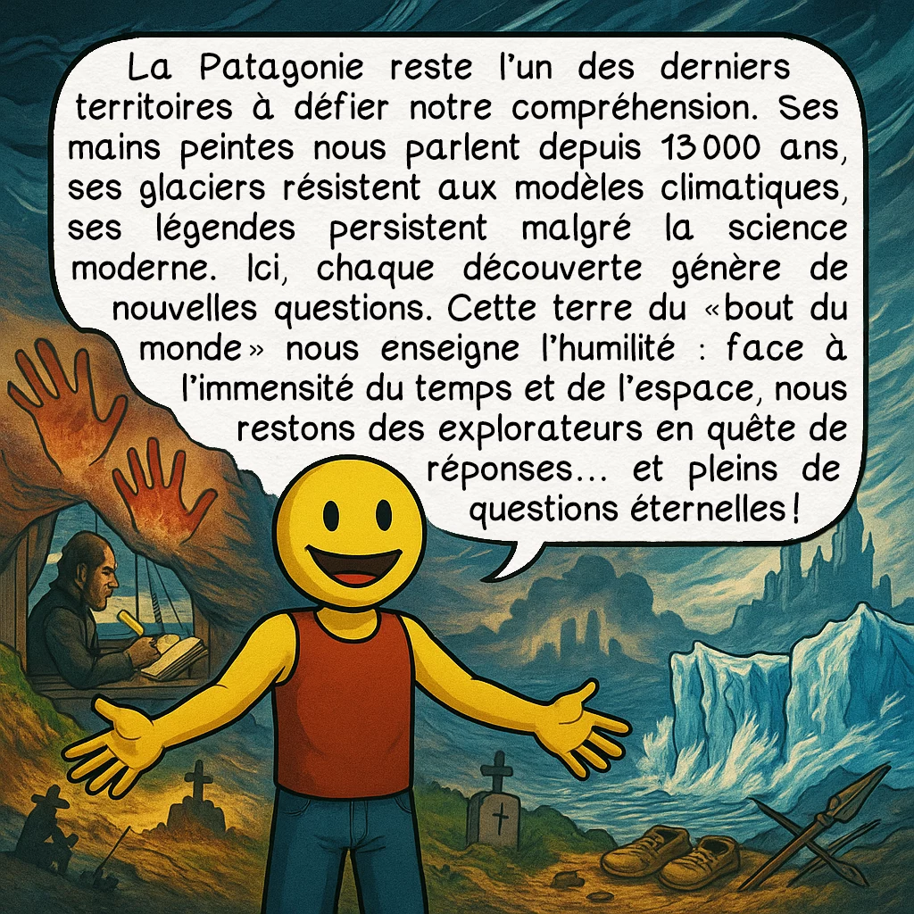 La Patagonie, case 10 : La Patagonie reste l’un des derniers territoires à défier notre compréhension. Ses mains peintes nous parlent depuis 13 000 ans, ses glaciers résistent aux modèles climatiques, ses légendes persistent malgré la science moderne. Ici, chaque découverte génère de nouvelles questions. Cette terre du « bout du monde » nous enseigne l’humilité : face à l’immensité du temps et de l’espace, nous restons des explorateurs en quête de réponses… et pleins de questions éternelles !