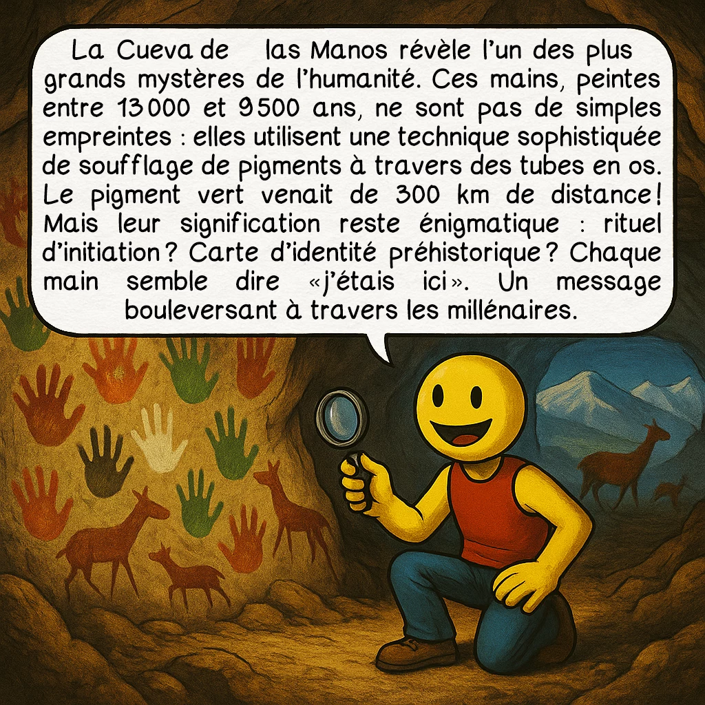 La Patagonie, case 2 : La Cueva de las Manos révèle l’un des plus grands mystères de l’humanité. Ces mains, peintes entre 13 000 et 9 500 ans, ne sont pas de simples empreintes : elles utilisent une technique sophistiquée de soufflage de pigments à travers des tubes en os. Le pigment vert venait de 300 km de distance ! Mais leur signification reste énigmatique : rituel d’initiation ? Carte d’identité préhistorique ? Chaque main semble dire « j’étais ici ». Un message bouleversant à travers les millénaires.