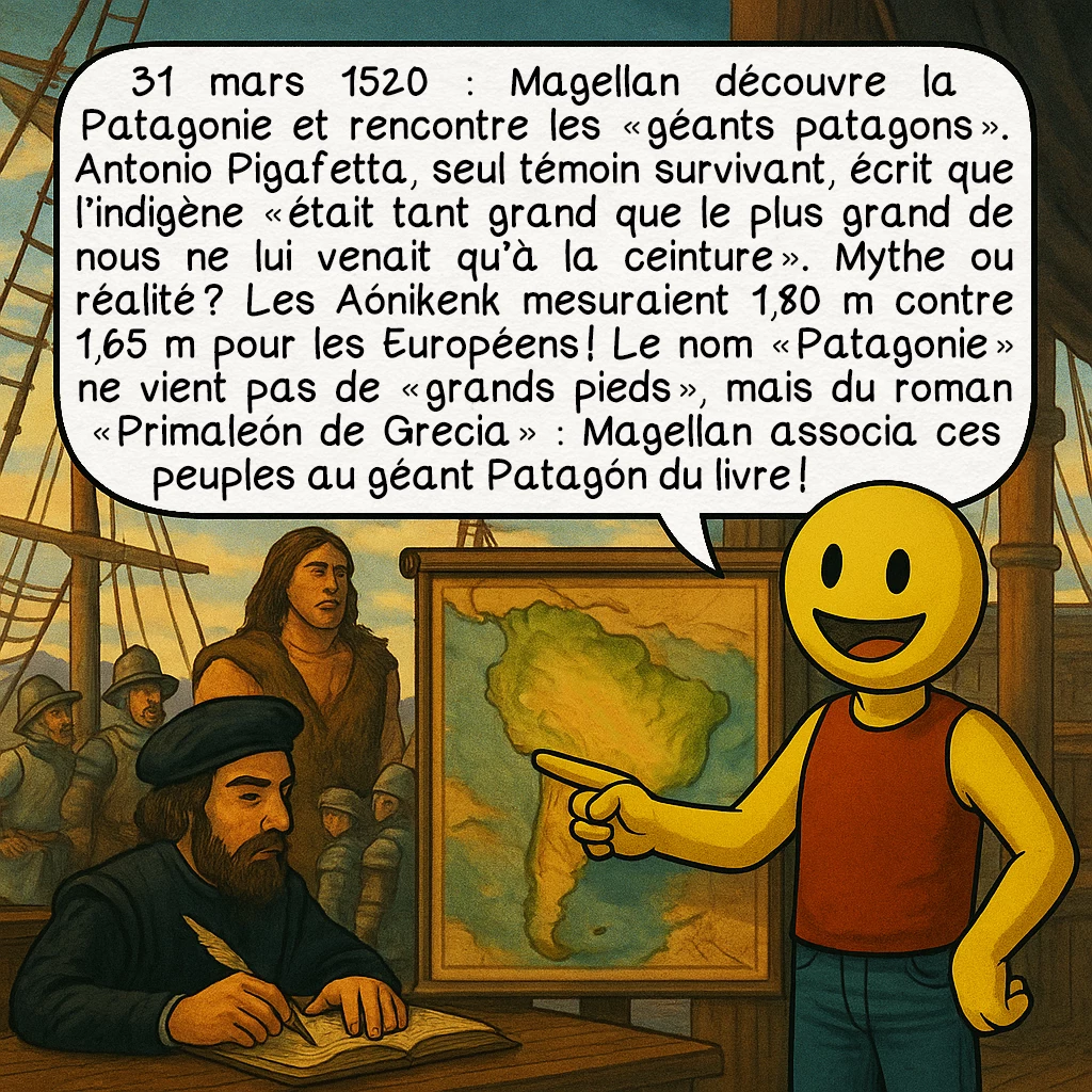 La Patagonie, case 3 : 31 mars 1520 : Magellan découvre la Patagonie et rencontre les « géants patagons ». Antonio Pigafetta, seul témoin survivant, écrit que l’indigène « était tant grand que le plus grand de nous ne lui venait qu’à la ceinture ». Mythe ou réalité ? Les Aónikenk mesuraient 1,80 m contre 1,65 m pour les Européens ! Le nom « Patagonie » ne vient pas de « grands pieds », mais du roman « Primaleón de Grecia » : Magellan associa ces peuples au géant Patagón du livre !