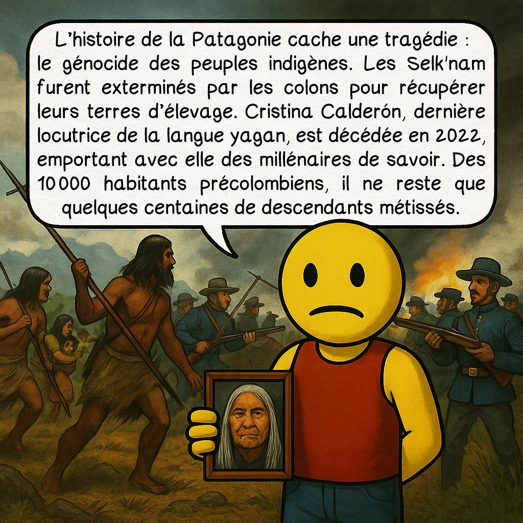 La Patagonie, case 4 : L’histoire de la Patagonie cache une tragédie : le génocide des peuples indigènes. Les Selk'nam furent exterminés par les colons pour récupérer leurs terres d’élevage. Cristina Calderón, dernière locutrice de la langue yagan, est décédée en 2022, emportant avec elle des millénaires de savoir. Des 10 000 habitants précolombiens, il ne reste que quelques centaines de descendants métissés.