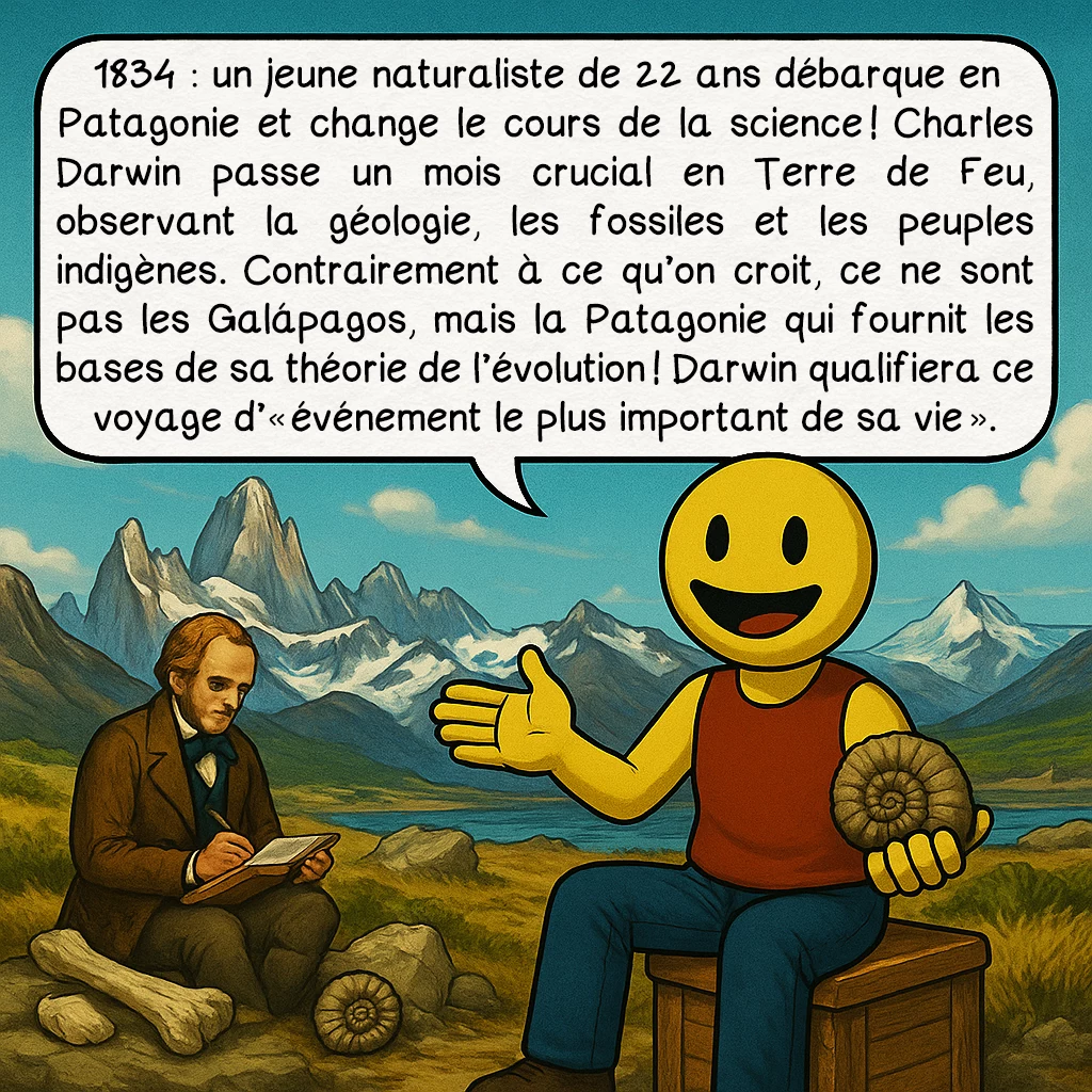 La Patagonie, case 5 : 1834 : un jeune naturaliste de 22 ans débarque en Patagonie et change le cours de la science ! Charles Darwin passe un mois crucial en Terre de Feu, observant la géologie, les fossiles et les peuples indigènes. Contrairement à ce qu’on croit, ce ne sont pas les Galápagos, mais la Patagonie qui fournit les bases de sa théorie de l’évolution ! Darwin qualifiera ce voyage d’« événement le plus important de sa vie ».