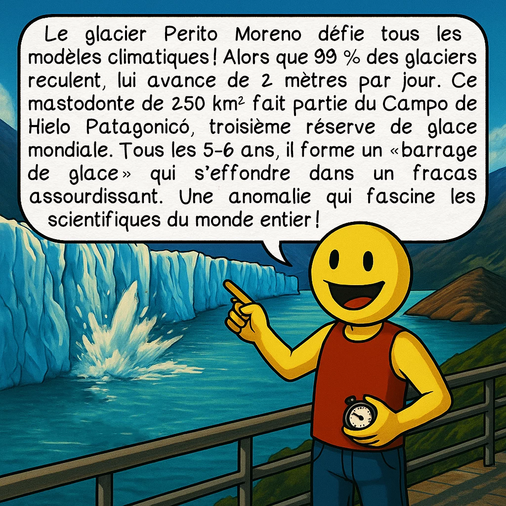La Patagonie, case 6 : Le glacier Perito Moreno défie tous les modèles climatiques ! Alors que 99 % des glaciers reculent, lui avance de 2 mètres par jour. Ce mastodonte de 250 km² fait partie du Campo de Hielo Patagonicó, troisième réserve de glace mondiale. Tous les 5-6 ans, il forme un « barrage de glace » qui s’effondre dans un fracas assourdissant. Une anomalie qui fascine les scientifiques du monde entier !