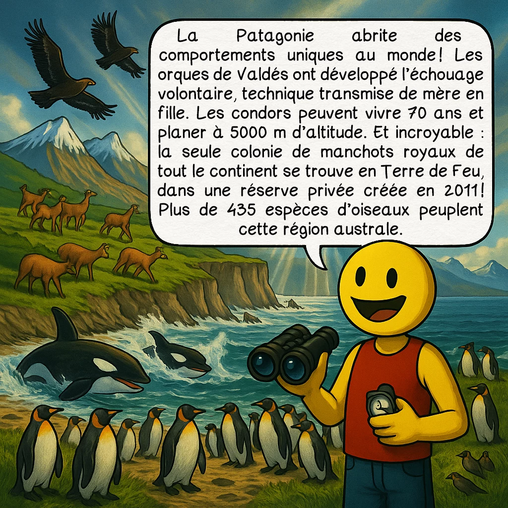 La Patagonie, case 7 : La Patagonie abrite des comportements uniques au monde ! Les orques de Valdés ont développé l’échouage volontaire, technique transmise de mère en fille. Les condors peuvent vivre 70 ans et planer à 5000 m d’altitude. Et incroyable : la seule colonie de manchots royaux de tout le continent se trouve en Terre de Feu, dans une réserve privée créée en 2011 ! Plus de 435 espèces d’oiseaux peuplent cette région australe.