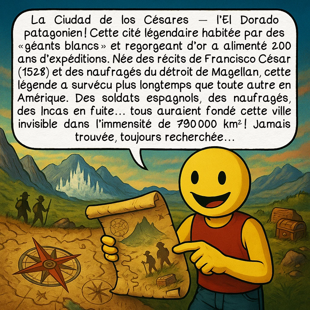 La Patagonie, case 8 : La Ciudad de los Césares — l’El Dorado patagonien ! Cette cité légendaire habitée par des « géants blancs » et regorgeant d’or a alimenté 200 ans d’expéditions. Née des récits de Francisco César (1528) et des naufragés du détroit de Magellan, cette légende a survécu plus longtemps que toute autre en Amérique. Des soldats espagnols, des naufragés, des Incas en fuite… tous auraient fondé cette ville invisible dans l’immensité de 790 000 km² ! Jamais trouvée, toujours recherchée…