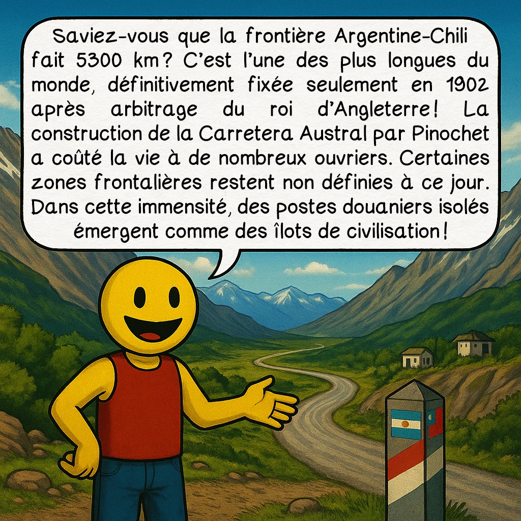 La Patagonie, case 9 : Saviez-vous que la frontière Argentine-Chili fait 5300 km ? C’est l’une des plus longues du monde, définitivement fixée seulement en 1902 après arbitrage du roi d’Angleterre ! La construction de la Carretera Austral par Pinochet a coûté la vie à de nombreux ouvriers. Certaines zones frontalières restent non définies à ce jour. Dans cette immensité, des postes douaniers isolés émergent comme des îlots de civilisation !
