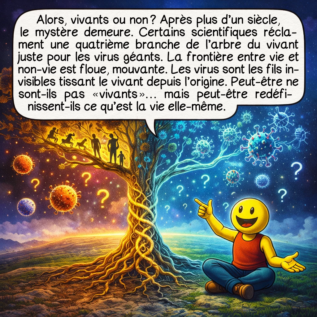 Les virus, case 10 : Alors, vivants ou non ? Après plus d’un siècle, le mystère demeure. Certains scientifiques réclament une quatrième branche de l’arbre du vivant juste pour les virus géants. La frontière entre vie et non-vie est floue, mouvante. Les virus sont les fils invisibles tissant le vivant depuis l’origine. Peut-être ne sont-ils pas « vivants »… mais peut-être redéfinissent-ils ce qu’est la vie elle-même.