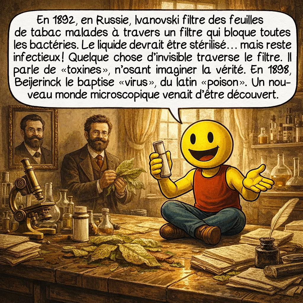 Les virus, case 2 : En 1892, en Russie, Ivanovski filtre des feuilles de tabac malades à travers un filtre qui bloque toutes les bactéries. Le liquide devrait être stérilisé… mais reste infectieux ! Quelque chose d’invisible traverse le filtre. Il parle de « toxines », n’osant imaginer la vérité. En 1898, Beijerinck le baptise « virus », du latin « poison ». Un nouveau monde microscopique venait d’être découvert.