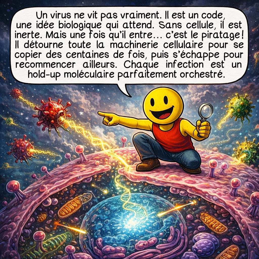 Les virus, case 3 : Un virus ne vit pas vraiment. Il est un code, une idée biologique qui attend. Sans cellule, il est inerte. Mais une fois qu’il entre… c’est le piratage ! Il détourne toute la machinerie cellulaire pour se copier des centaines de fois, puis s’échappe pour recommencer ailleurs. Chaque infection est un hold-up moléculaire parfaitement orchestré.
