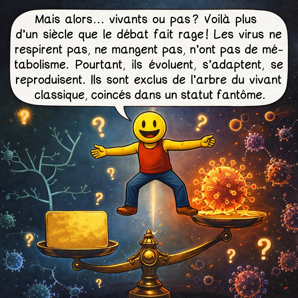 Les virus, case 4 : Mais alors… vivants ou pas ? Voilà plus d’un siècle que le débat fait rage ! Les virus ne respirent pas, ne mangent pas, n’ont pas de métabolisme. Pourtant, ils évoluent, s’adaptent, se reproduisent. Ils sont exclus de l’arbre du vivant classique, coincés dans un statut fantôme.