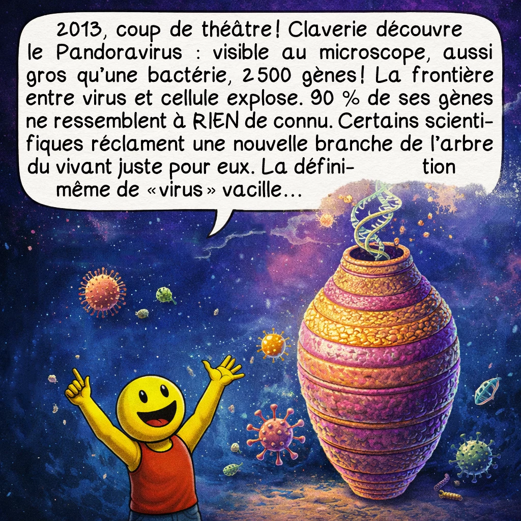 Les virus, case 5 : 2013, coup de théâtre ! Claverie découvre le Pandoravirus : visible au microscope, aussi gros qu’une bactérie, 2 500 gènes ! La frontière entre virus et cellule explose. 90 % de ses gènes ne ressemblent à RIEN de connu. Certains scientifiques réclament une nouvelle branche de l’arbre du vivant juste pour eux. La définition même de « virus » vacille…