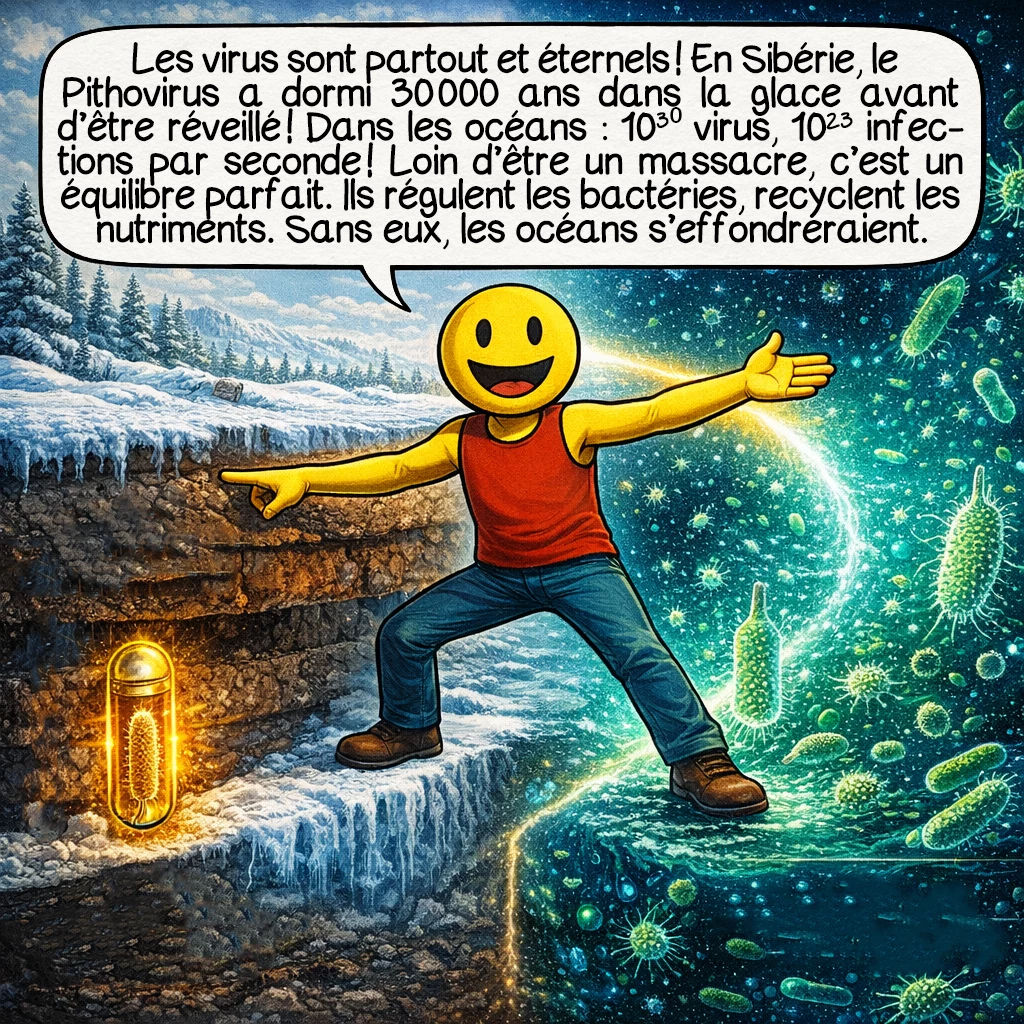 Les virus, case 6 : Les virus sont partout et éternels ! En Sibérie, le Pithovirus a dormi 30 000 ans dans la glace avant d’être réveillé ! Dans les océans : 10³⁰ virus, 10²³ infections par seconde ! Loin d’être un massacre, c’est un équilibre parfait. Ils régulent les bactéries, recyclent les nutriments. Sans eux, les océans s’effondreraient.