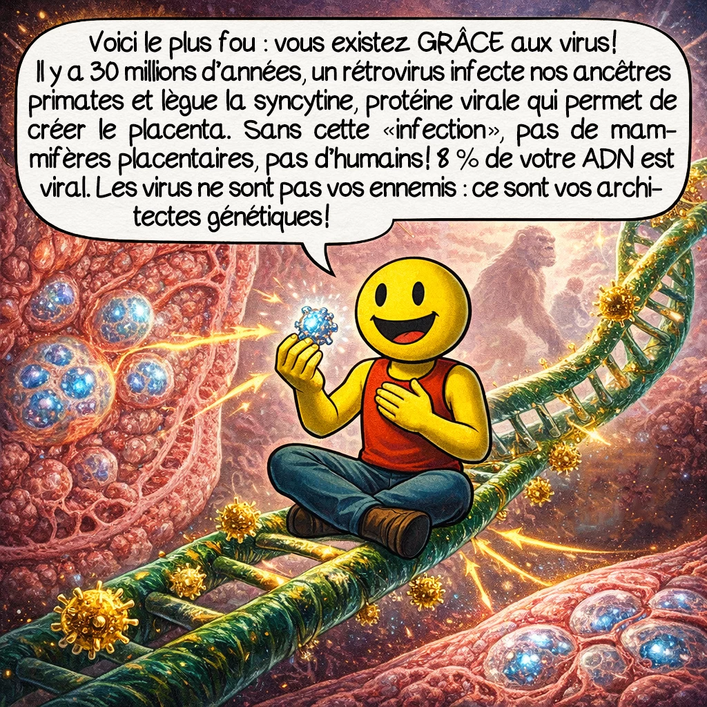 Les virus, case 7 : Voici le plus fou : vous existez GRÂCE aux virus ! Il y a 30 millions d’années, un rétrovirus infecte nos ancêtres primates et lègue la syncytine, protéine virale qui permet de créer le placenta. Sans cette « infection », pas de mammifères placentaires, pas d’humains ! 8 % de votre ADN est viral. Les virus ne sont pas vos ennemis : ce sont vos architectes génétiques !