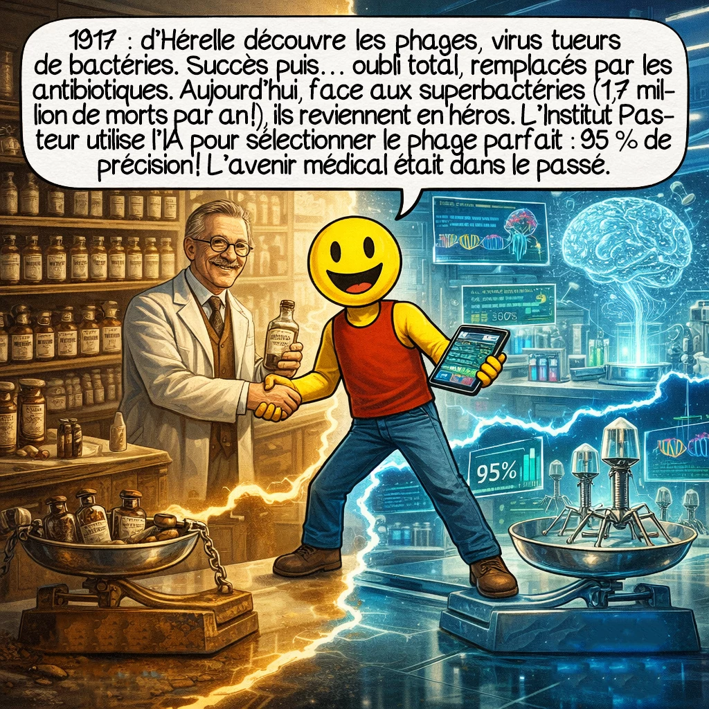 Les virus, case 8 : 1917 : d’Hérelle découvre les phages, virus tueurs de bactéries. Succès puis… oubli total, remplacés par les antibiotiques. Aujourd’hui, face aux superbactéries (1,7 million de morts par an !), ils reviennent en héros. L’Institut Pasteur utilise l’IA pour sélectionner le phage parfait : 95 % de précision ! L’avenir médical était dans le passé.