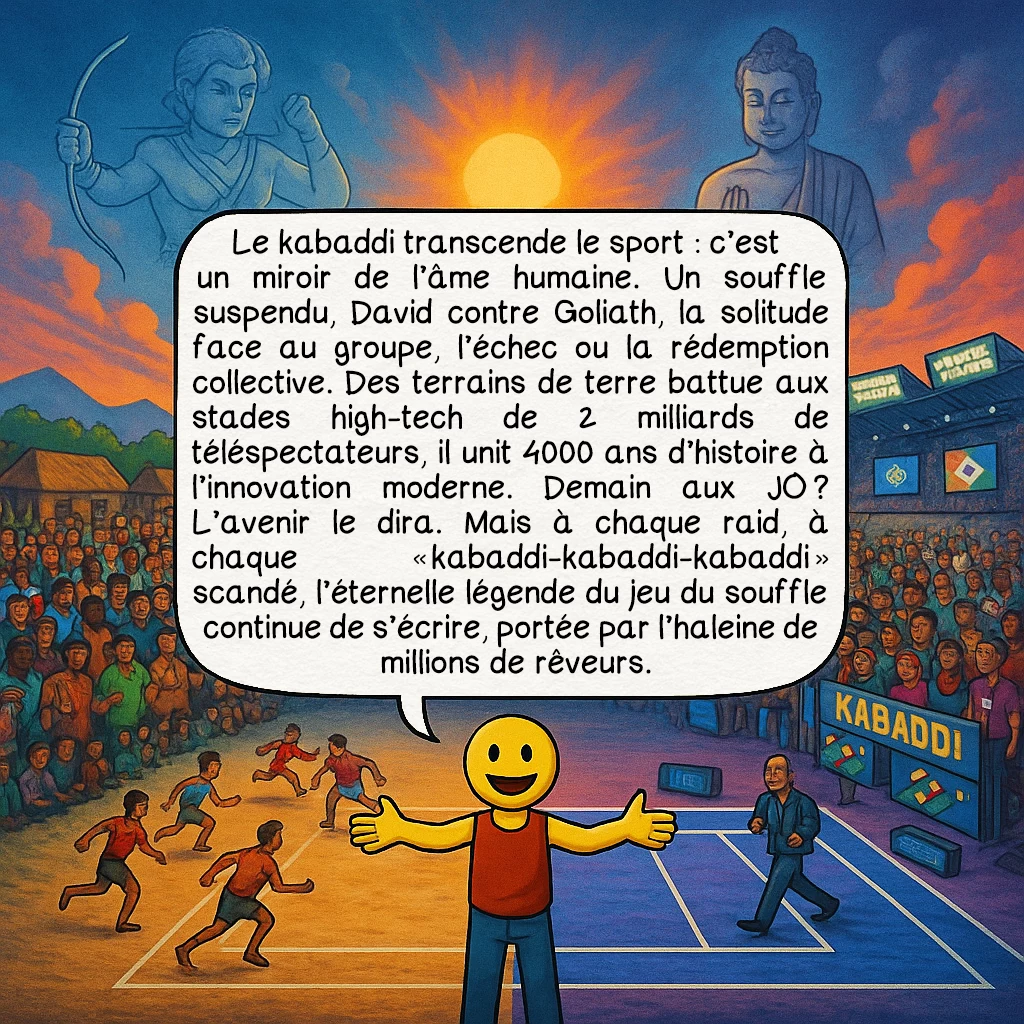 Le kabaddi, case 10 : — L’Éternité du Souffle
Le kabaddi transcende le sport : c’est un miroir de l’âme humaine. Un souffle suspendu, David contre Goliath, la solitude face au groupe, l’échec ou la rédemption collective. Des terrains de terre battue aux stades high-tech de 2 milliards de téléspectateurs, il unit 4000 ans d’histoire à l’innovation moderne. Demain aux JO ? L’avenir le dira. Mais à chaque raid, à chaque « kabaddi-kabaddi-kabaddi » scandé, l’éternelle légende du jeu du souffle continue de s’écrire, portée par l’haleine de millions de rêveurs.