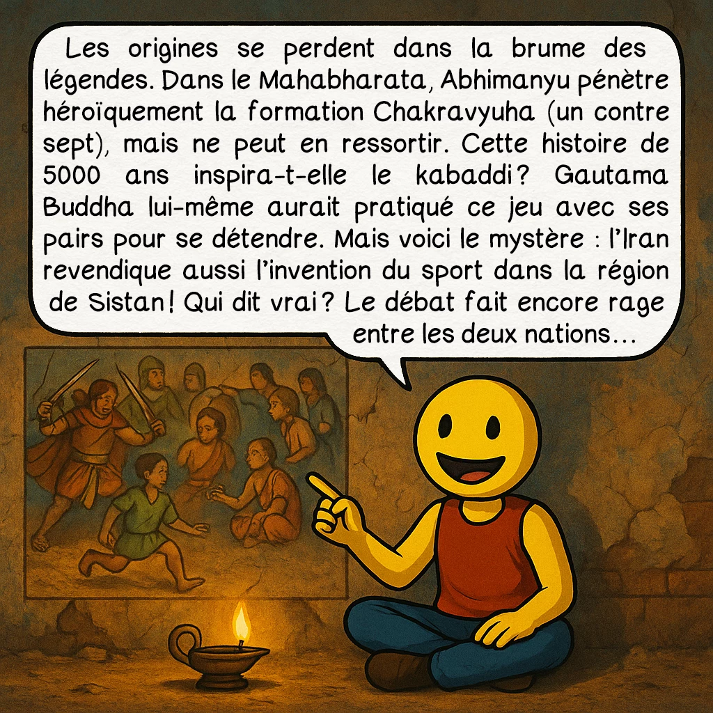 Le kabaddi, case 2 : — Les Origines mythiques
Les origines se perdent dans la brume des légendes. Dans le Mahabharata, Abhimanyu pénètre héroïquement la formation Chakravyuha (un contre sept), mais ne peut en ressortir. Cette histoire de 5000 ans inspira-t-elle le kabaddi ? Gautama Buddha lui-même aurait pratiqué ce jeu avec ses pairs pour se détendre. Mais voici le mystère : l’Iran revendique aussi l’invention du sport dans la région de Sistan ! Qui dit vrai ? Le débat fait encore rage entre les deux nations…