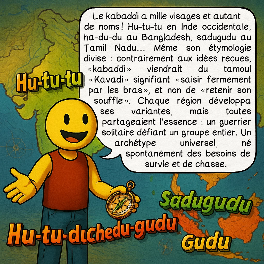 Le kabaddi, case 3 : — Un Sport aux Mille Noms
Le kabaddi a mille visages et autant de noms ! Hu-tu-tu en Inde occidentale, ha-du-du au Bangladesh, sadugudu au Tamil Nadu… Même son étymologie divise : contrairement aux idées reçues, « kabaddi » viendrait du tamoul « Kavadi » signifiant « saisir fermement par les bras », et non de « retenir son souffle ». Chaque région développa ses variantes, mais toutes partageaient l’essence : un guerrier solitaire défiant un groupe entier. Un archétype universel, né spontanément des besoins de survie et de chasse.