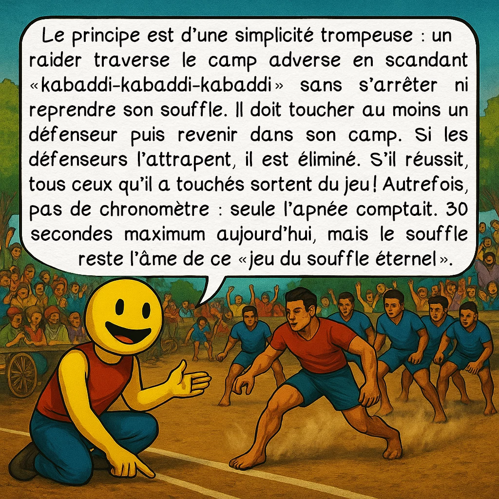 Le kabaddi, case 4 : — L’Art du Raid
Le principe est d’une simplicité trompeuse : un raider traverse le camp adverse en scandant « kabaddi-kabaddi-kabaddi » sans s’arrêter ni reprendre son souffle. Il doit toucher au moins un défenseur puis revenir dans son camp. Si les défenseurs l’attrapent, il est éliminé. S’il réussit, tous ceux qu’il a touchés sortent du jeu ! Autrefois, pas de chronomètre : seule l’apnée comptait. 30 secondes maximum aujourd’hui, mais le souffle reste l’âme de ce « jeu du souffle éternel ».