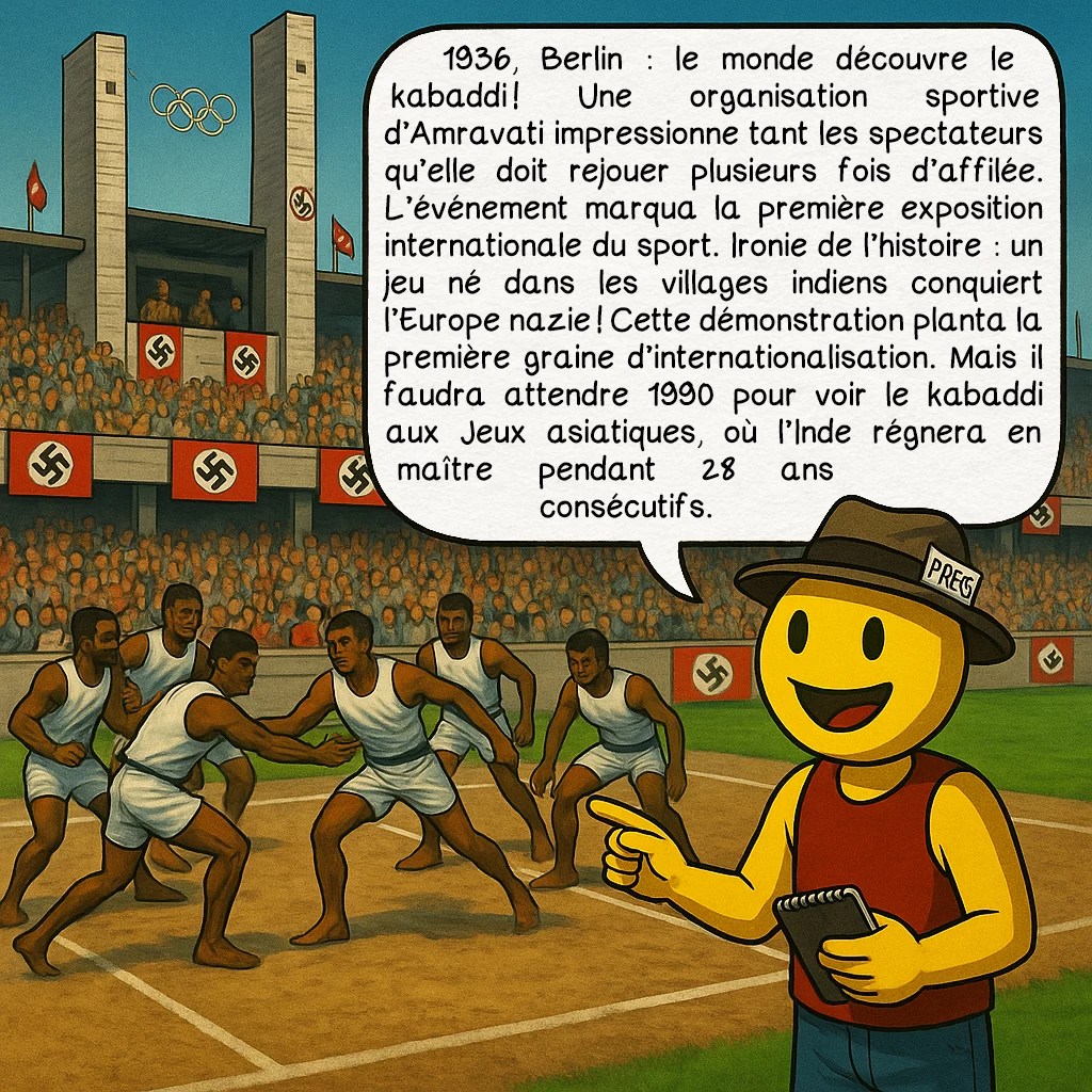 Le kabaddi, case 5 : — Berlin 1936 : La Révélation
1936, Berlin : le monde découvre le kabaddi ! Une organisation sportive d’Amravati impressionne tant les spectateurs qu’elle doit rejouer plusieurs fois d’affilée. L’événement marqua la première exposition internationale du sport. Ironie de l’histoire : un jeu né dans les villages indiens conquiert l’Europe nazie ! Cette démonstration planta la première graine d’internationalisation. Mais il faudra attendre 1990 pour voir le kabaddi aux Jeux asiatiques, où l’Inde régnera en maître pendant 28 ans consécutifs.