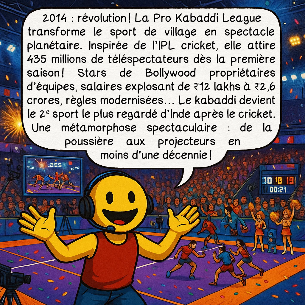 Le kabaddi, case 6 : — La Révolution télévisuelle
2014 : révolution ! La Pro Kabaddi League transforme le sport de village en spectacle planétaire. Inspirée de l’IPL cricket, elle attire 435 millions de téléspectateurs dès la première saison ! Stars de Bollywood propriétaires d’équipes, salaires explosant de ₹12 lakhs à ₹2,6 crores, règles modernisées… Le kabaddi devient le 2e sport le plus regardé d’Inde après le cricket. Une métamorphose spectaculaire : de la poussière aux projecteurs en moins d’une décennie !