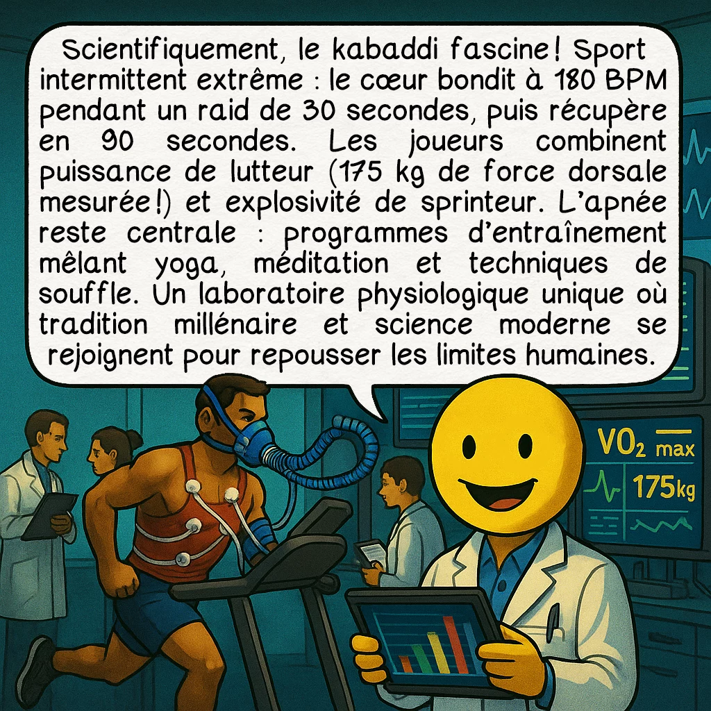 Le kabaddi, case 8 : — Science du Combat
Scientifiquement, le kabaddi fascine ! Sport intermittent extrême : le cœur bondit à 180 BPM pendant un raid de 30 secondes, puis récupère en 90 secondes. Les joueurs combinent puissance de lutteur (175 kg de force dorsale mesurée !) et explosivité de sprinteur. L’apnée reste centrale : programmes d’entraînement mêlant yoga, méditation et techniques de souffle. Un laboratoire physiologique unique où tradition millénaire et science moderne se rejoignent pour repousser les limites humaines.