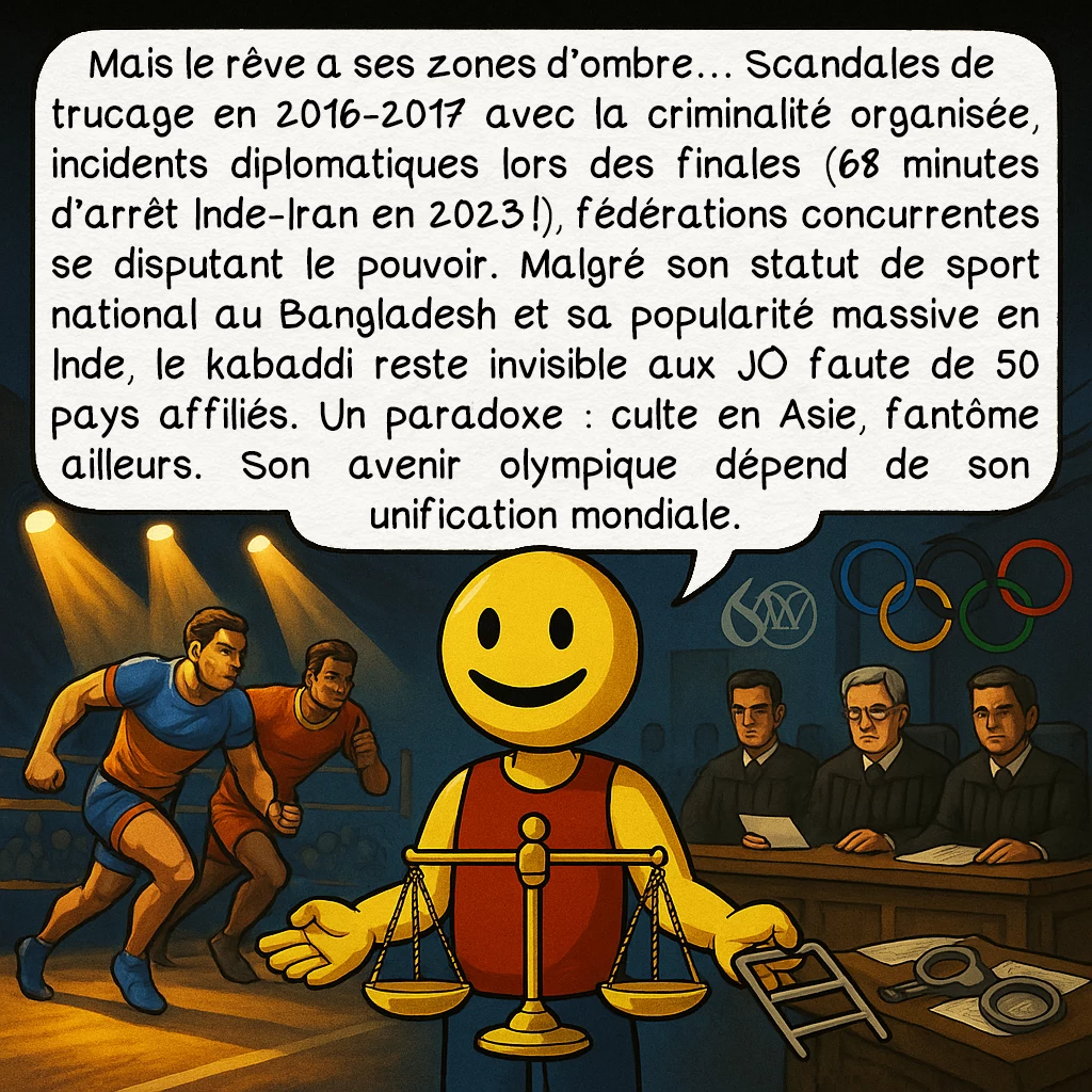 Le kabaddi, case 9 : — Ombres et Controverses
Mais le rêve a ses zones d’ombre… Scandales de trucage en 2016-2017 avec la criminalité organisée, incidents diplomatiques lors des finales (68 minutes d’arrêt Inde-Iran en 2023 !), fédérations concurrentes se disputant le pouvoir. Malgré son statut de sport national au Bangladesh et sa popularité massive en Inde, le kabaddi reste invisible aux JO faute de 50 pays affiliés. Un paradoxe : culte en Asie, fantôme ailleurs. Son avenir olympique dépend de son unification mondiale.