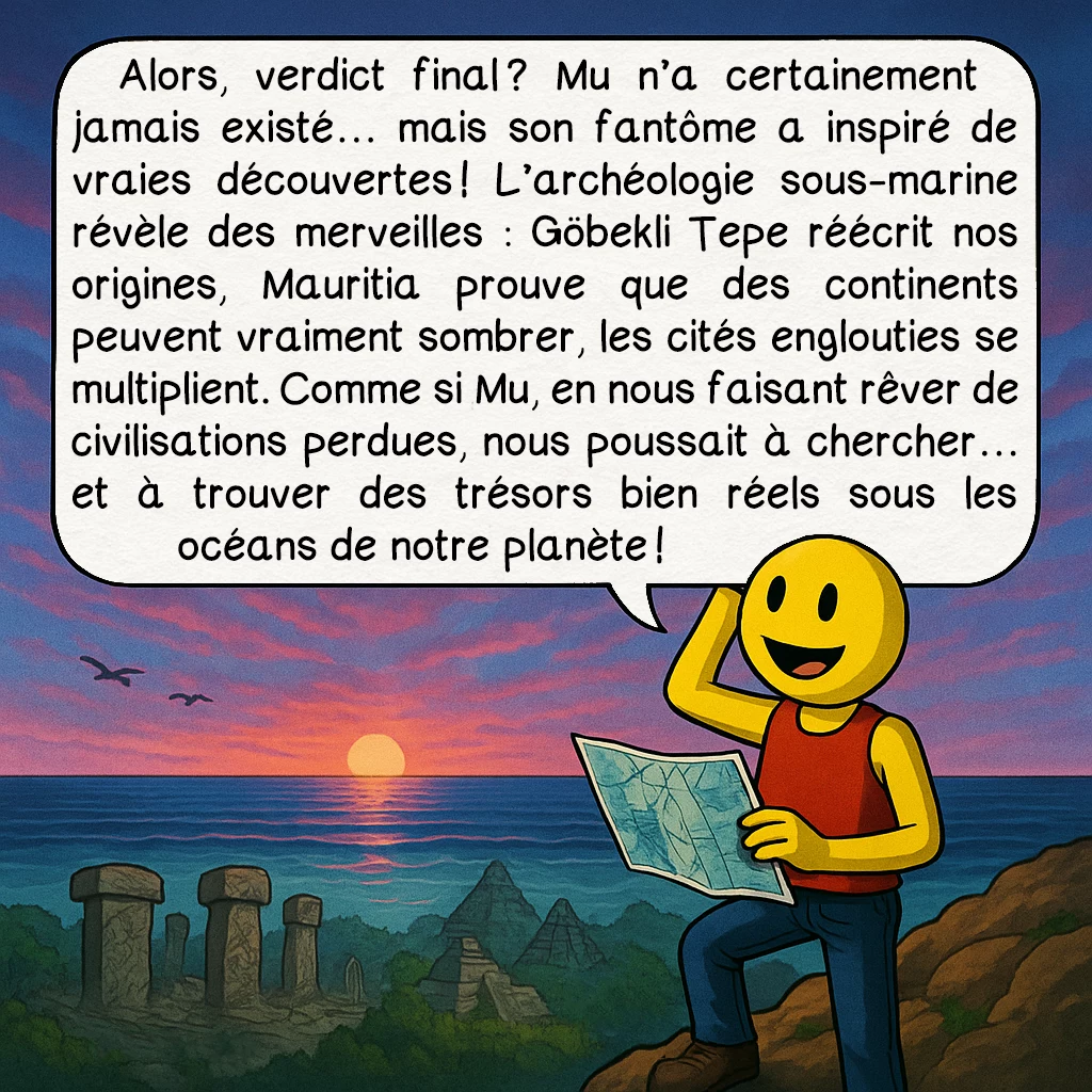 Mu, case 10 : Alors, verdict final ? Mu n’a certainement jamais existé… mais son fantôme a inspiré de vraies découvertes ! L’archéologie sous-marine révèle des merveilles : Göbekli Tepe réécrit nos origines, Mauritia prouve que des continents peuvent vraiment sombrer, les cités englouties se multiplient. Comme si Mu, en nous faisant rêver de civilisations perdues, nous poussait à chercher… et à trouver des trésors bien réels sous les océans de notre planète !