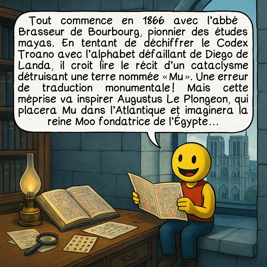 Mu, case 2 : Tout commence en 1866 avec l’abbé Brasseur de Bourbourg, pionnier des études mayas. En tentant de déchiffrer le Codex Troano avec l’alphabet défaillant de Diego de Landa, il croit lire le récit d’un cataclysme détruisant une terre nommée « Mu ». Une erreur de traduction monumentale ! Mais cette méprise va inspirer Augustus Le Plongeon, qui placera Mu dans l’Atlantique et imaginera la reine Moo fondatrice de l’Égypte…