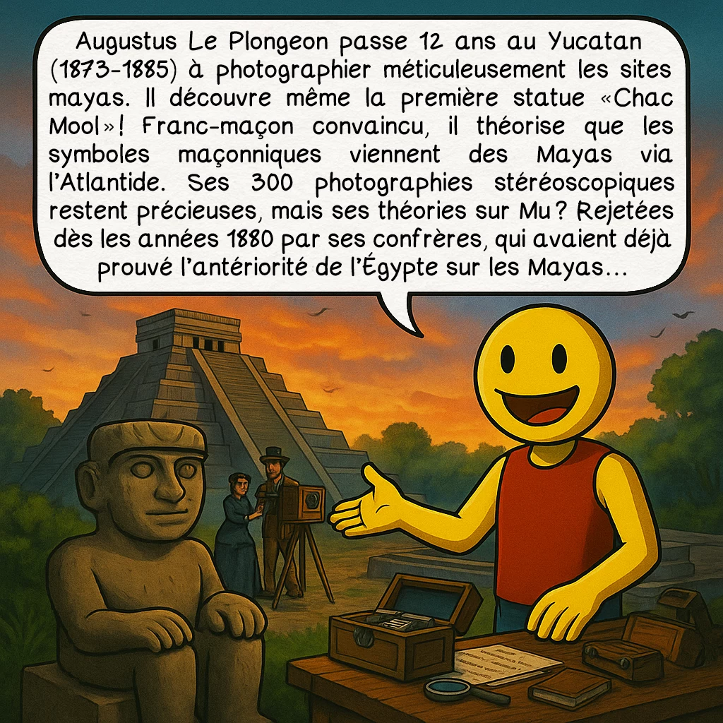 Mu, case 3 : Augustus Le Plongeon passe 12 ans au Yucatan (1873-1885) à photographier méticuleusement les sites mayas. Il découvre même la première statue « Chac Mool » ! Franc-maçon convaincu, il théorise que les symboles maçonniques viennent des Mayas via l’Atlantide. Ses 300 photographies stéréoscopiques restent précieuses, mais ses théories sur Mu ? Rejetées dès les années 1880 par ses confrères, qui avaient déjà prouvé l’antériorité de l’Égypte sur les Mayas…