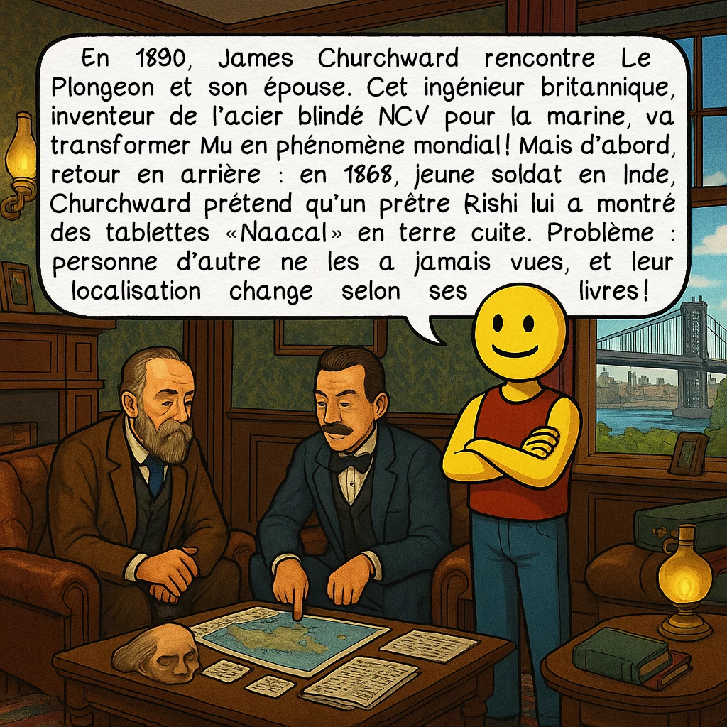 Mu, case 4 : En 1890, James Churchward rencontre Le Plongeon et son épouse. Cet ingénieur britannique, inventeur de l’acier blindé NCV pour la marine, va transformer Mu en phénomène mondial ! Mais d’abord, retour en arrière : en 1868, jeune soldat en Inde, Churchward prétend qu’un prêtre Rishi lui a montré des tablettes « Naacal » en terre cuite. Problème : personne d’autre ne les a jamais vues, et leur localisation change selon ses livres !