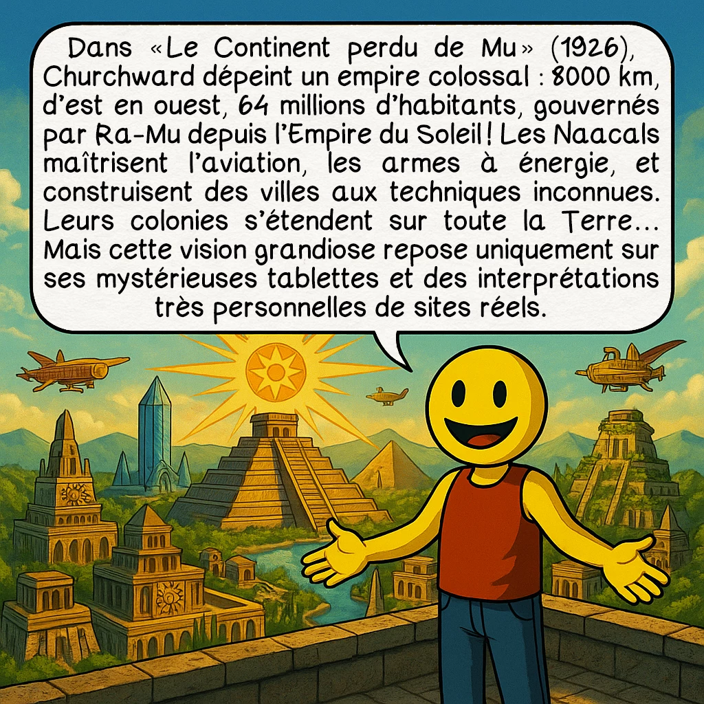 Mu, case 5 : Dans « Le Continent perdu de Mu » (1926), Churchward dépeint un empire colossal : 8000 km, d’est en ouest, 64 millions d’habitants, gouvernés par Ra-Mu depuis l’Empire du Soleil ! Les Naacals maîtrisent l’aviation, les armes à énergie, et construisent des villes aux techniques inconnues. Leurs colonies s’étendent sur toute la Terre… Mais cette vision grandiose repose uniquement sur ses mystérieuses tablettes et des interprétations très personnelles de sites réels.