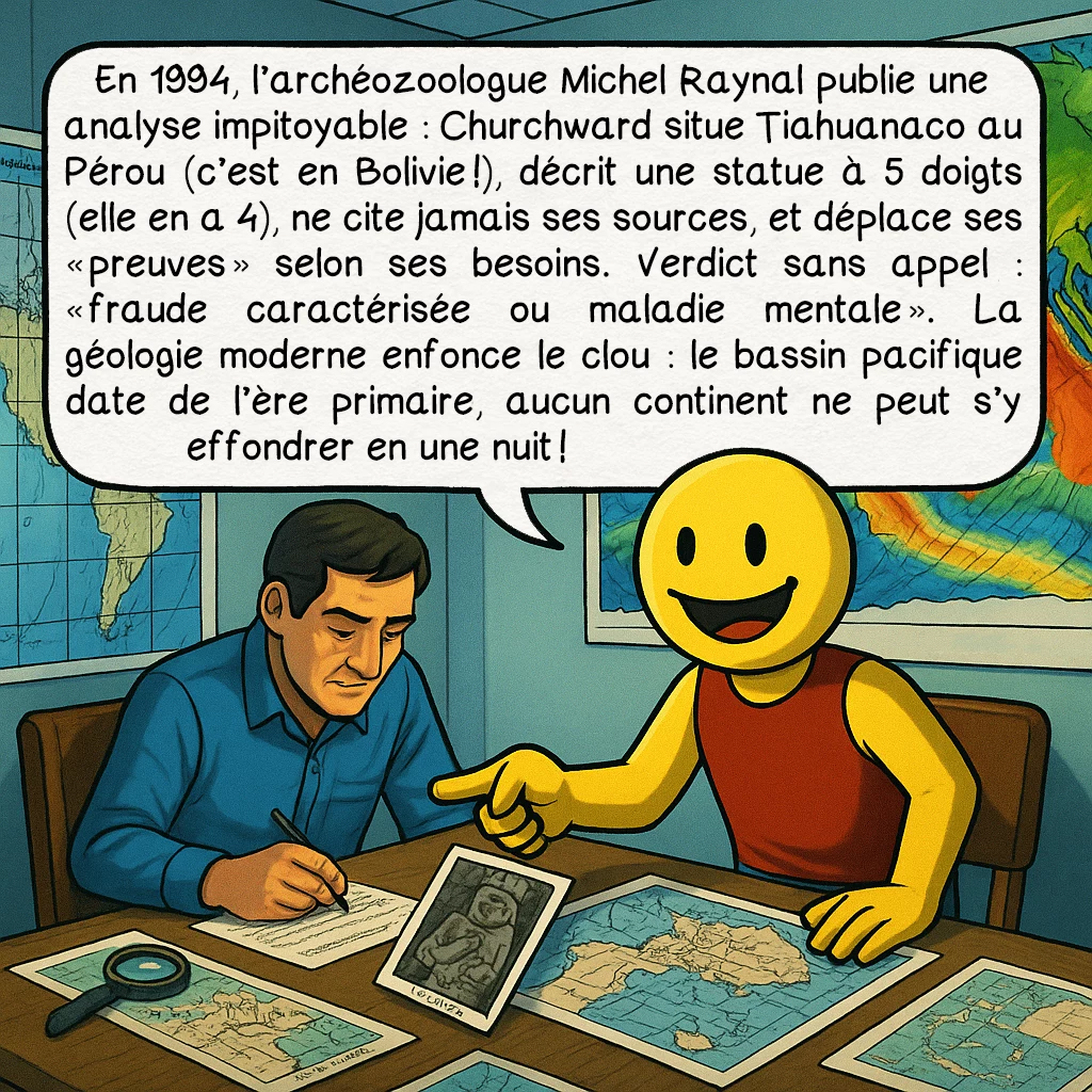 Mu, case 6 : En 1994, l’archéozoologue Michel Raynal publie une analyse impitoyable : Churchward situe Tiahuanaco au Pérou (c’est en Bolivie !), décrit une statue à 5 doigts (elle en a 4), ne cite jamais ses sources, et déplace ses « preuves » selon ses besoins. Verdict sans appel : « fraude caractérisée ou maladie mentale ». La géologie moderne enfonce le clou : le bassin pacifique date de l’ère primaire, aucun continent ne peut s’y effondrer en une nuit !