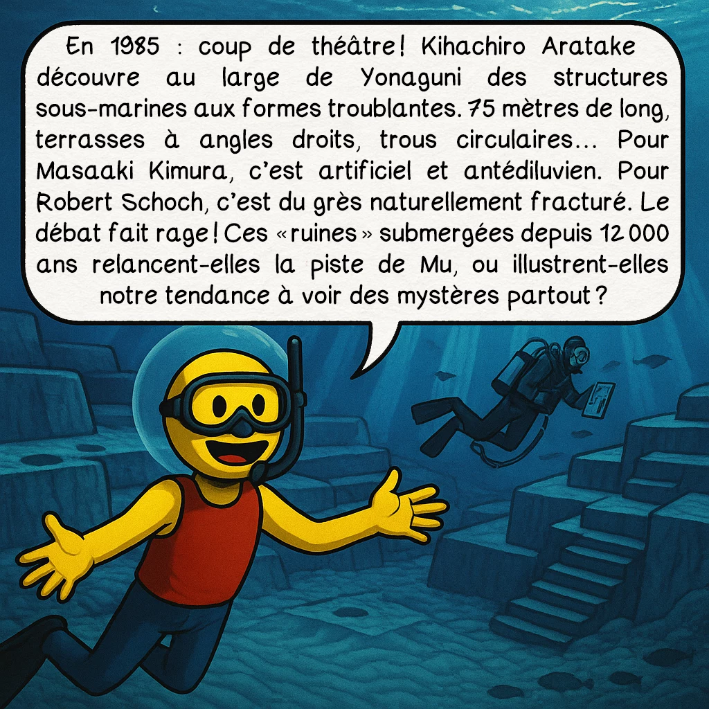 Mu, case 7 : En 1985 : coup de théâtre ! Kihachiro Aratake découvre au large de Yonaguni des structures sous-marines aux formes troublantes. 75 mètres de long, terrasses à angles droits, trous circulaires… Pour Masaaki Kimura, c’est artificiel et antédiluvien. Pour Robert Schoch, c’est du grès naturellement fracturé. Le débat fait rage ! Ces « ruines » submergées depuis 12 000 ans relancent-elles la piste de Mu, ou illustrent-elles notre tendance à voir des mystères partout ?