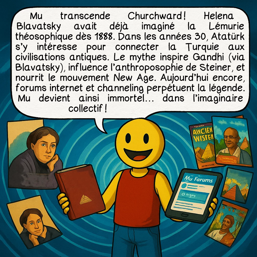 Mu, case 8 : Mu transcende Churchward ! Helena Blavatsky avait déjà imaginé la Lémurie théosophique dès 1888. Dans les années 30, Atatürk s’y intéresse pour connecter la Turquie aux civilisations antiques. Le mythe inspire Gandhi (via Blavatsky), influence l’anthroposophie de Steiner, et nourrit le mouvement New Age. Aujourd’hui encore, forums internet et channeling perpétuent la légende. Mu devient ainsi immortel… dans l’imaginaire collectif !