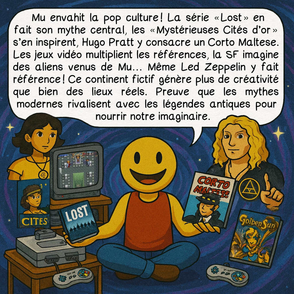 Mu, case 9 : Mu envahit la pop culture ! La série « Lost » en fait son mythe central, les « Mystérieuses Cités d’or » s’en inspirent, Hugo Pratt y consacre un Corto Maltese. Les jeux vidéo multiplient les références, la SF imagine des aliens venus de Mu… Même Led Zeppelin y fait référence ! Ce continent fictif génère plus de créativité que bien des lieux réels. Preuve que les mythes modernes rivalisent avec les légendes antiques pour nourrir notre imaginaire.