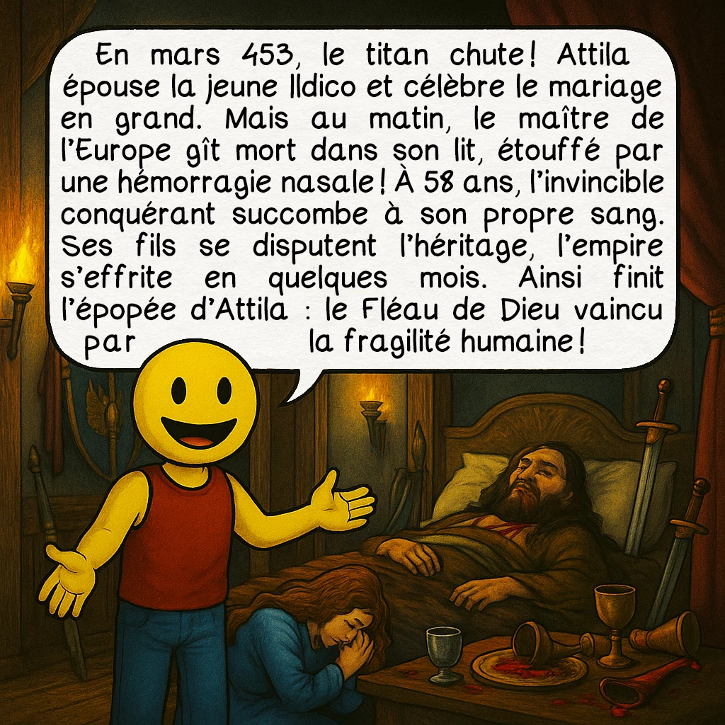 Attila, case 10 : En mars 453, le titan chute ! Attila épouse la jeune Ildico et célèbre le mariage en grand. Mais au matin, le maître de l’Europe gît mort dans son lit, étouffé par une hémorragie nasale ! À 58 ans, l’invincible conquérant succombe à son propre sang. Ses fils se disputent l’héritage, l’empire s’effrite en quelques mois. Ainsi finit l’épopée d’Attila : le Fléau de Dieu vaincu par la fragilité humaine !