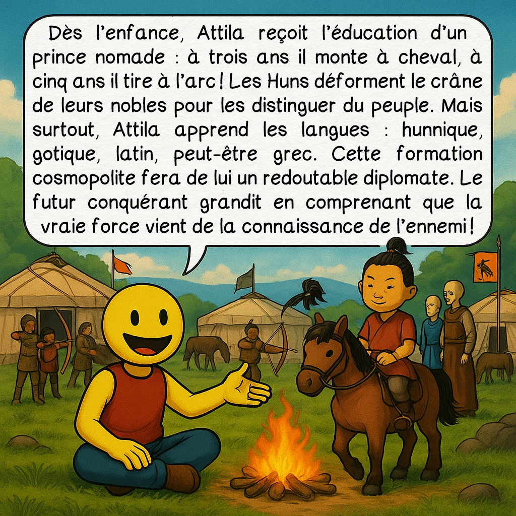 Attila, case 2 : Dès l’enfance, Attila reçoit l’éducation d’un prince nomade : à trois ans il monte à cheval, à cinq ans il tire à l’arc ! Les Huns déforment le crâne de leurs nobles pour les distinguer du peuple. Mais surtout, Attila apprend les langues : hunnique, gotique, latin, peut-être grec. Cette formation cosmopolite fera de lui un redoutable diplomate. Le futur conquérant grandit en comprenant que la vraie force vient de la connaissance de l’ennemi !