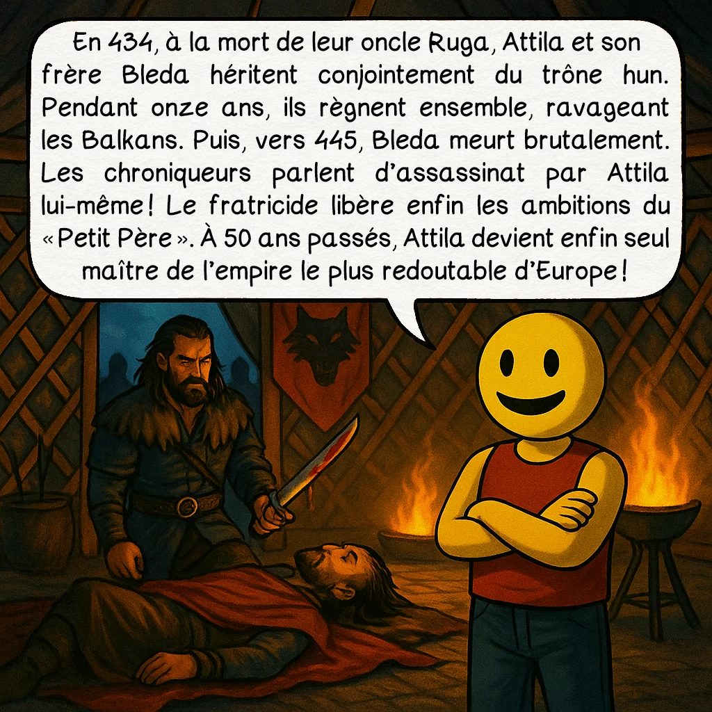 Attila, case 3 : En 434, à la mort de leur oncle Ruga, Attila et son frère Bleda héritent conjointement du trône hun. Pendant onze ans, ils règnent ensemble, ravageant les Balkans. Puis, vers 445, Bleda meurt brutalement. Les chroniqueurs parlent d’assassinat par Attila lui-même ! Le fratricide libère enfin les ambitions du « Petit Père ». À 50 ans passés, Attila devient enfin seul maître de l’empire le plus redoutable d’Europe !